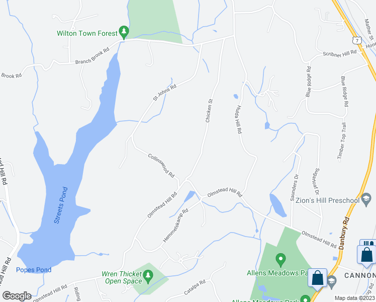 map of restaurants, bars, coffee shops, grocery stores, and more near 23 Chicken Street in Wilton