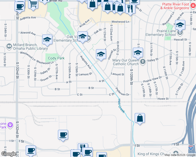 map of restaurants, bars, coffee shops, grocery stores, and more near 3439 Augusta Avenue in Omaha