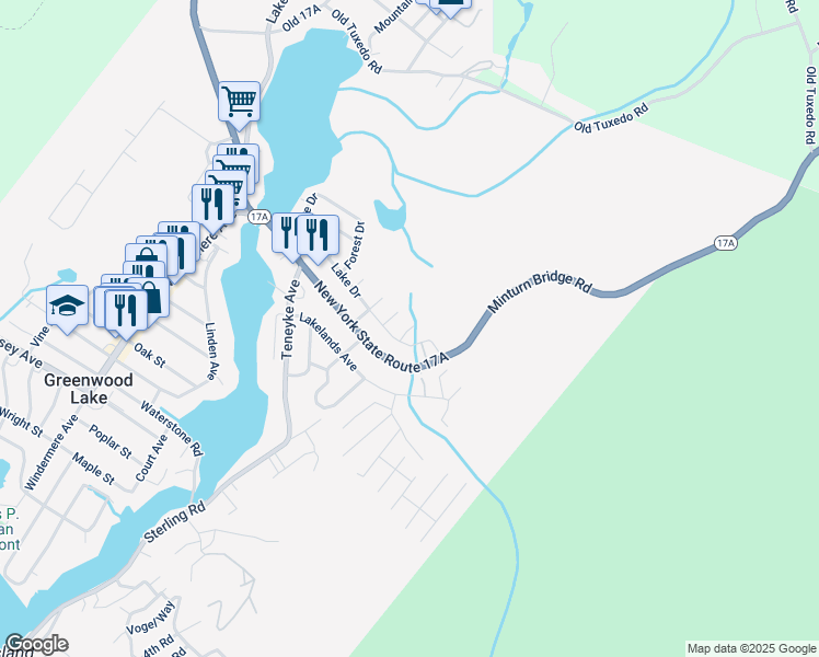 map of restaurants, bars, coffee shops, grocery stores, and more near 7 Locust Drive in Greenwood Lake