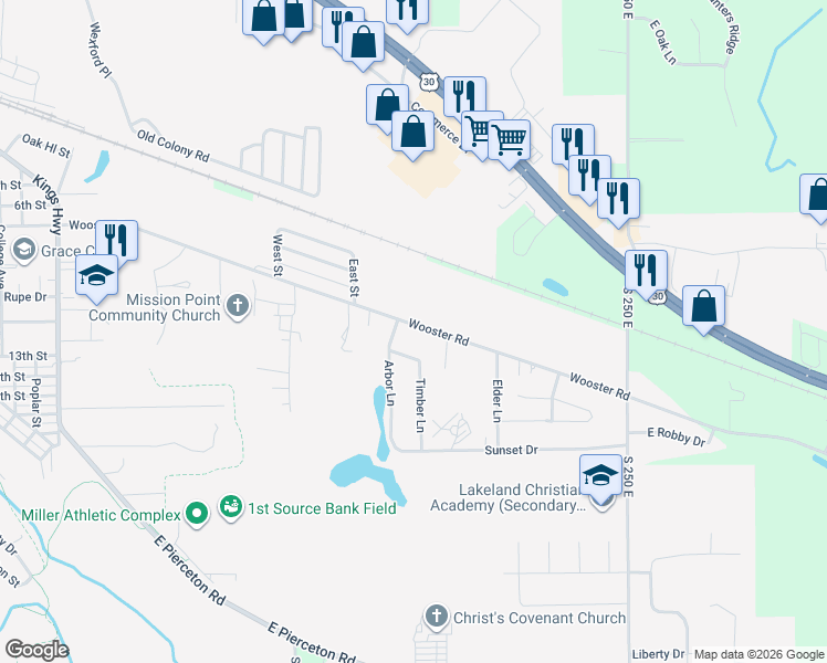 map of restaurants, bars, coffee shops, grocery stores, and more near 1308-1348 East Wooster Road in Winona Lake