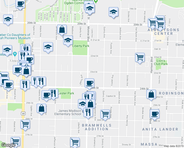map of restaurants, bars, coffee shops, grocery stores, and more near 823 23rd Street in Ogden