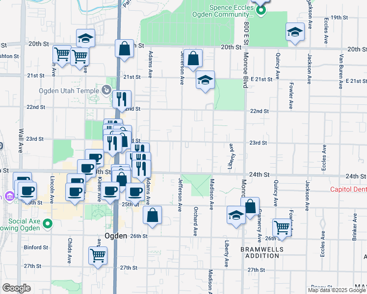 map of restaurants, bars, coffee shops, grocery stores, and more near in Ogden
