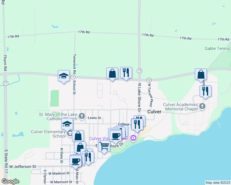 map of restaurants, bars, coffee shops, grocery stores, and more near 18551 Indiana 10 in Culver