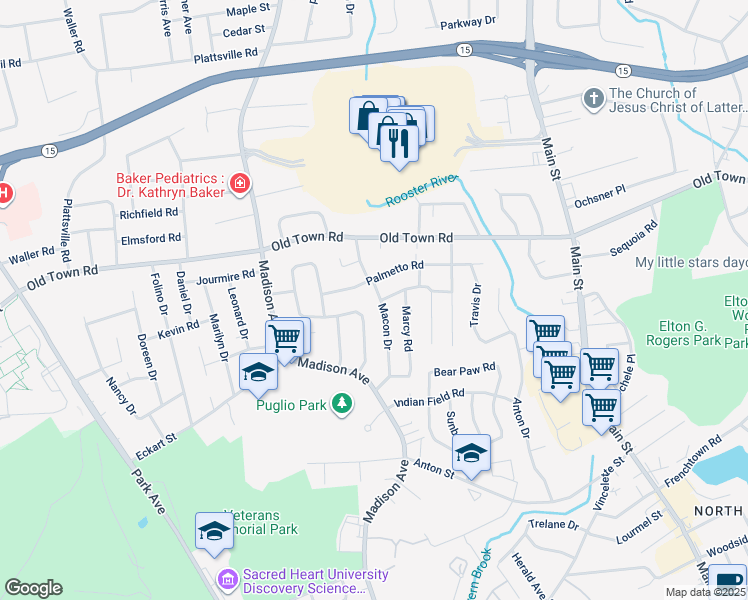 map of restaurants, bars, coffee shops, grocery stores, and more near 233 Macon Drive in Bridgeport