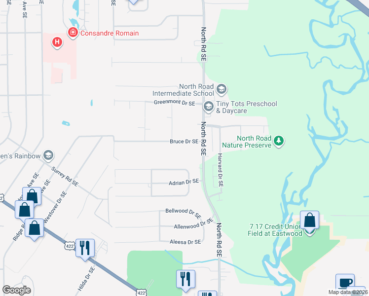 map of restaurants, bars, coffee shops, grocery stores, and more near 4056 Bruce Drive Southeast in Warren