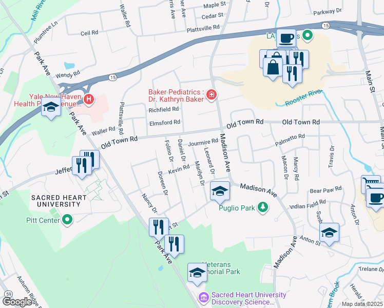 map of restaurants, bars, coffee shops, grocery stores, and more near 235 Marilyn Drive in Bridgeport