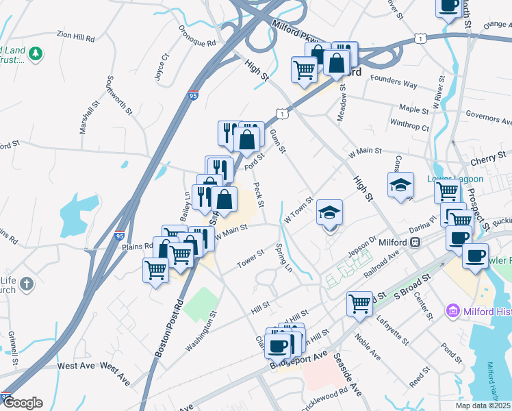 map of restaurants, bars, coffee shops, grocery stores, and more near 28 Peck Street in Milford