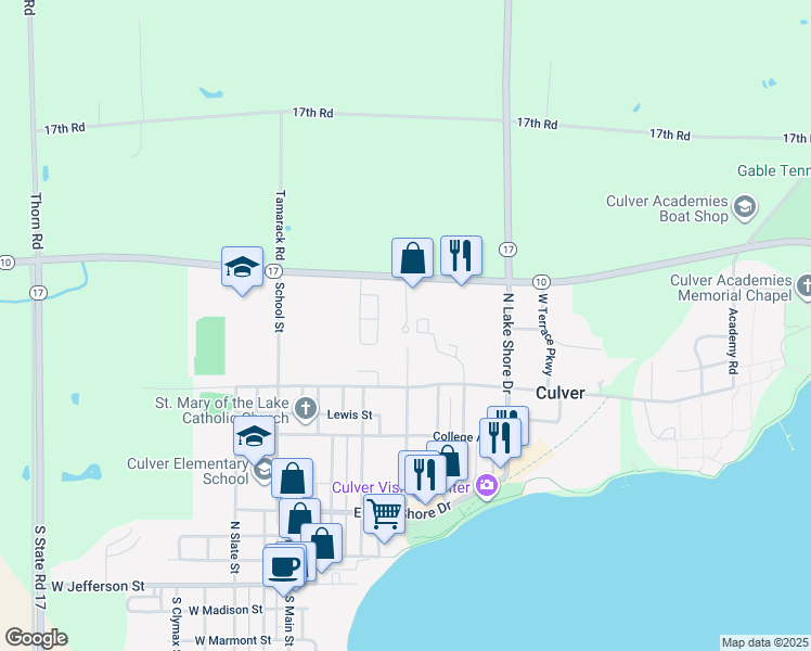 map of restaurants, bars, coffee shops, grocery stores, and more near 700 Anchors Way in Culver