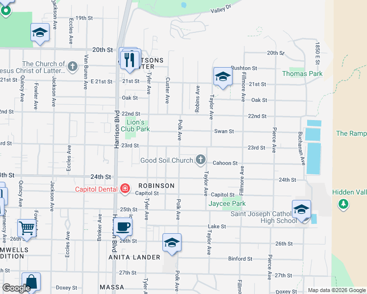 map of restaurants, bars, coffee shops, grocery stores, and more near 2352 Polk Avenue in Ogden