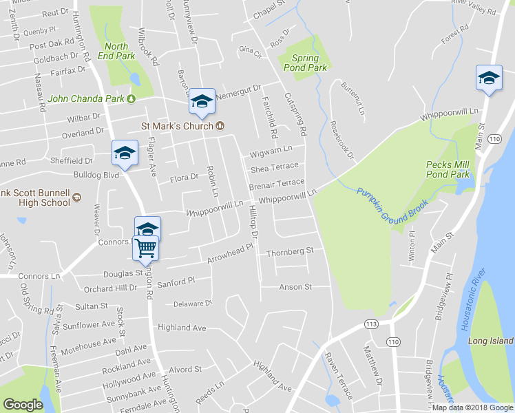 map of restaurants, bars, coffee shops, grocery stores, and more near 580 Hilltop Drive in Stratford