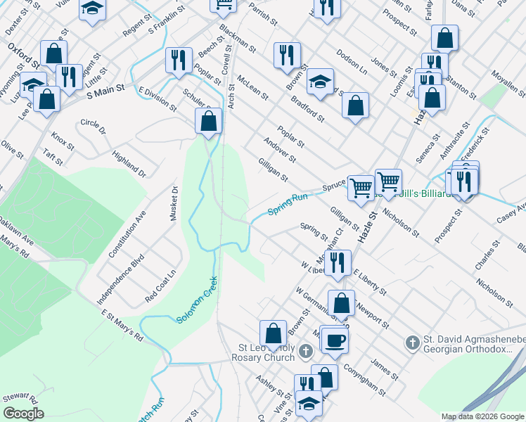 map of restaurants, bars, coffee shops, grocery stores, and more near 15 Maria Drive in Wilkes-Barre