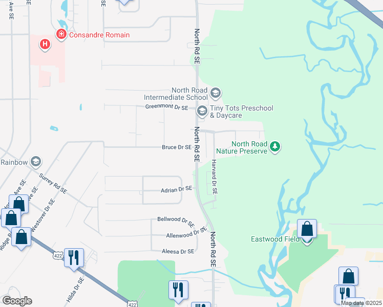 map of restaurants, bars, coffee shops, grocery stores, and more near 1024 North Road Southeast in Warren