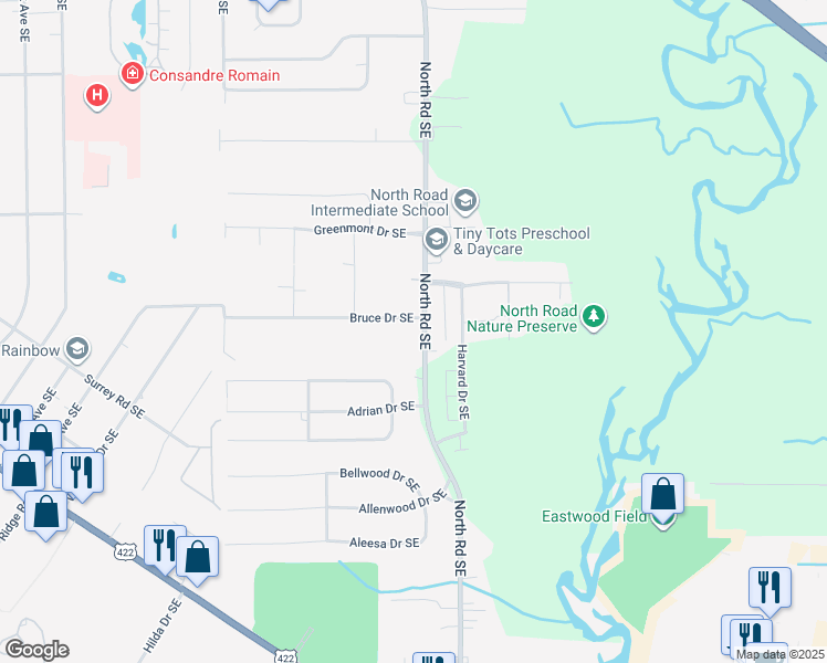 map of restaurants, bars, coffee shops, grocery stores, and more near 1024 North Road Southeast in Warren