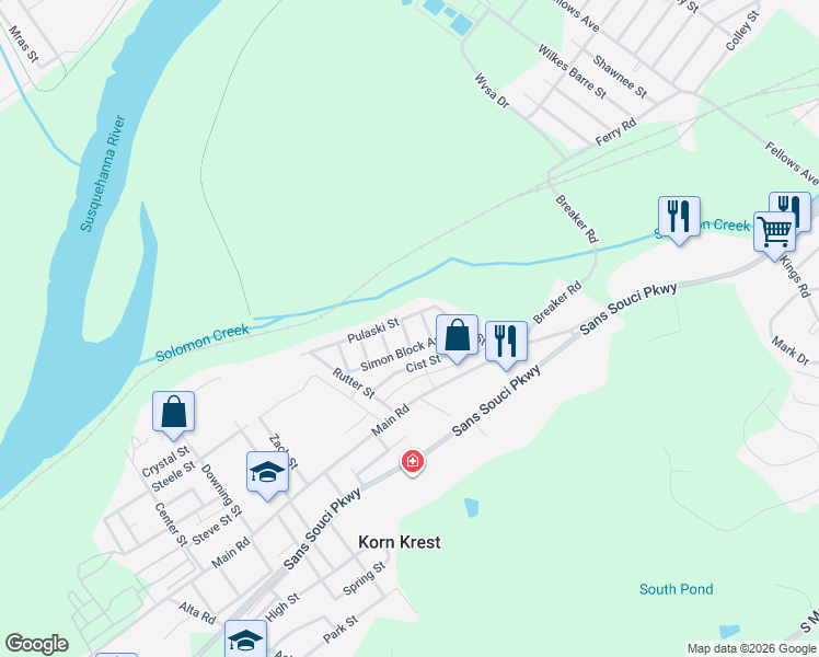 map of restaurants, bars, coffee shops, grocery stores, and more near 6 Garman St in Wilkes-Barre