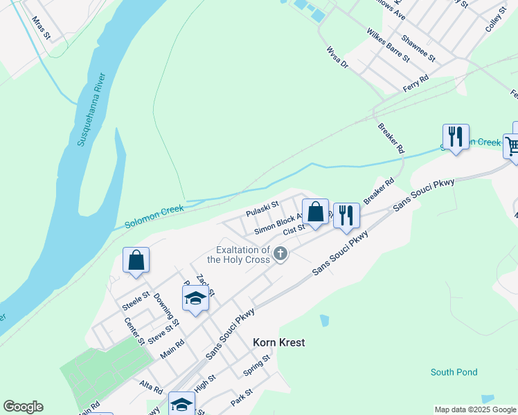 map of restaurants, bars, coffee shops, grocery stores, and more near 57 Pulaski Street in Wilkes-Barre