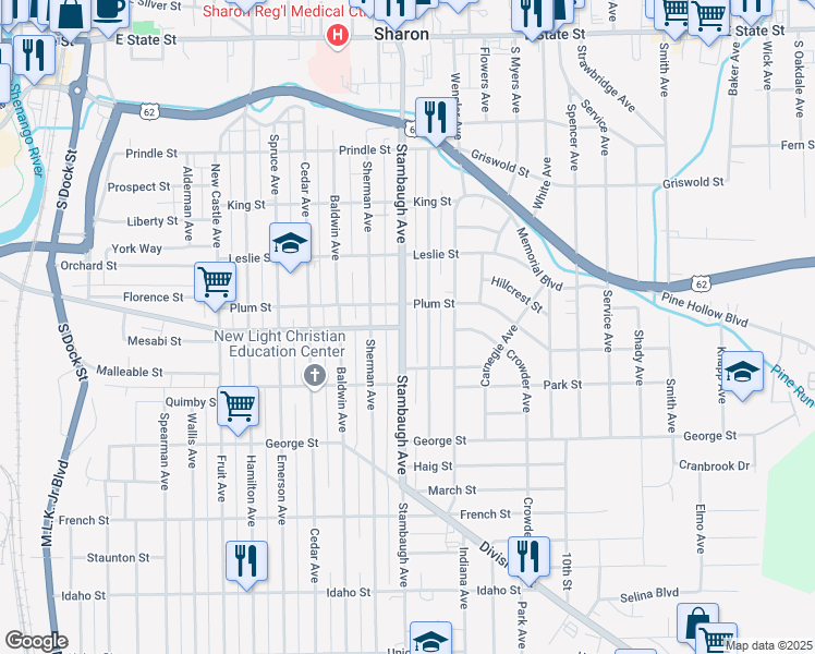 map of restaurants, bars, coffee shops, grocery stores, and more near 619 Stambaugh Avenue in Sharon