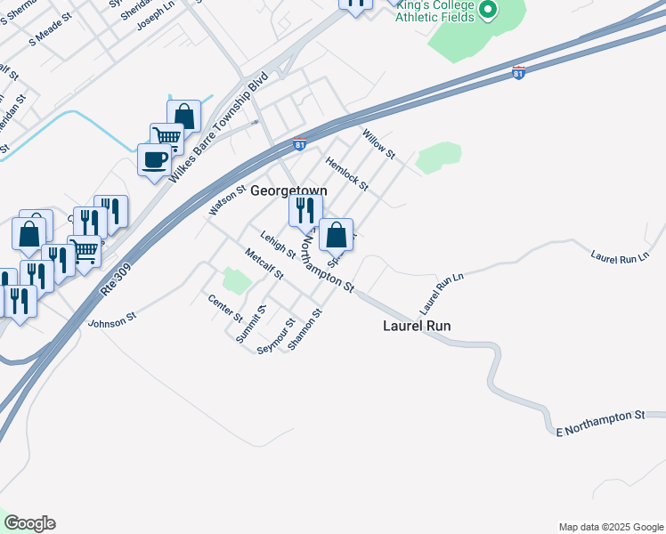map of restaurants, bars, coffee shops, grocery stores, and more near 1009 Spruce Street in Georgetown