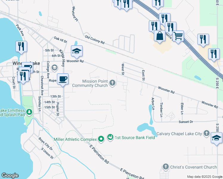 map of restaurants, bars, coffee shops, grocery stores, and more near 1201 Presidential Drive in Winona Lake