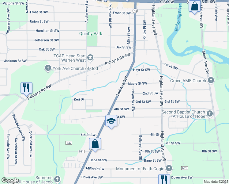map of restaurants, bars, coffee shops, grocery stores, and more near 1150 Tod Avenue Southwest in Warren
