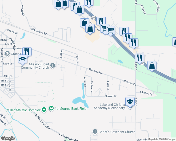 map of restaurants, bars, coffee shops, grocery stores, and more near 1308-1348 East Wooster Road in Winona Lake