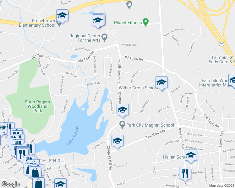 map of restaurants, bars, coffee shops, grocery stores, and more near 15 Eastway Road in Bridgeport