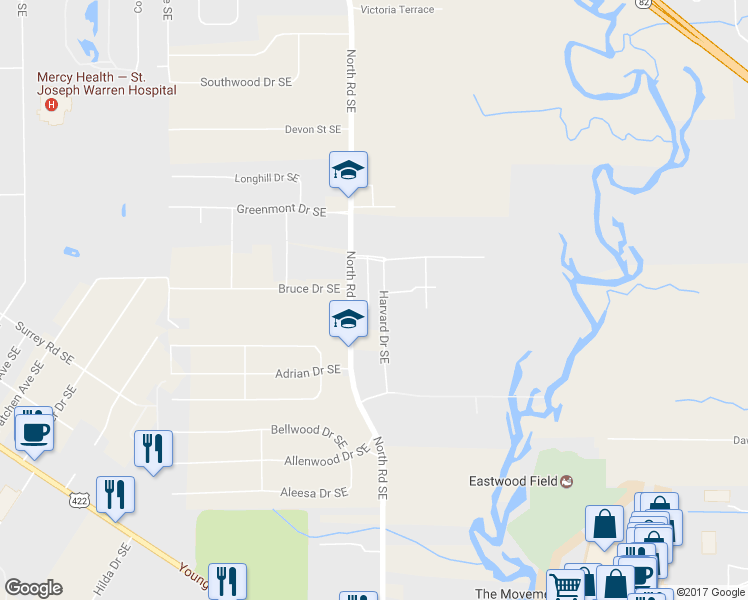 map of restaurants, bars, coffee shops, grocery stores, and more near 1060 Harvard Dr SE in Warren