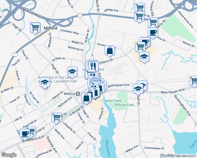 map of restaurants, bars, coffee shops, grocery stores, and more near 46 Prospect Street in Milford