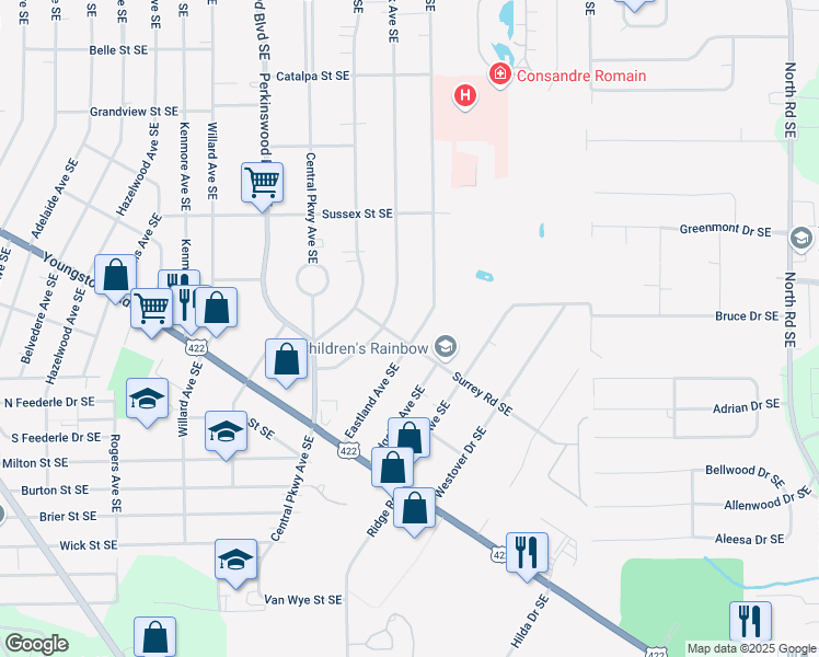 map of restaurants, bars, coffee shops, grocery stores, and more near 1216 Eastland Ave SE in Warren
