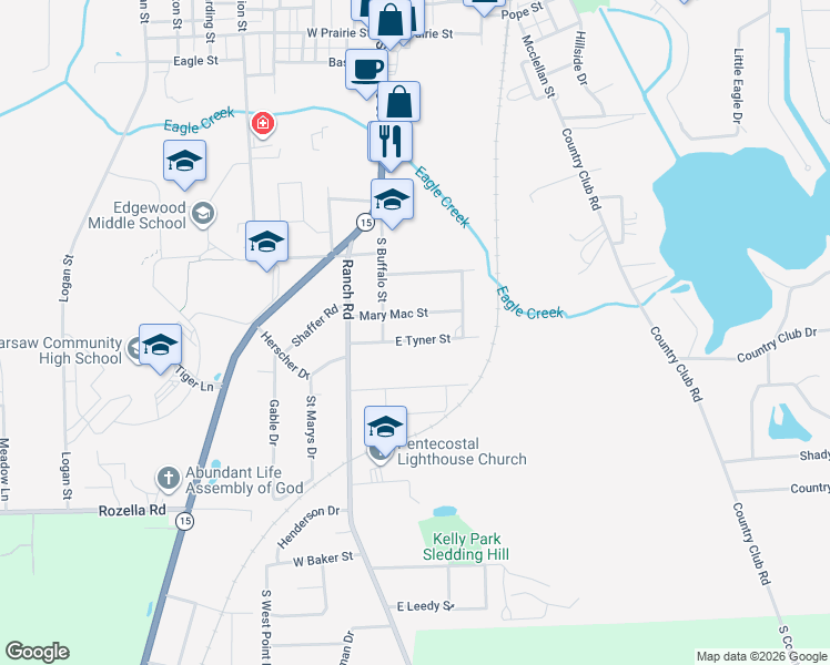 map of restaurants, bars, coffee shops, grocery stores, and more near 107 East Tyner Street in Warsaw
