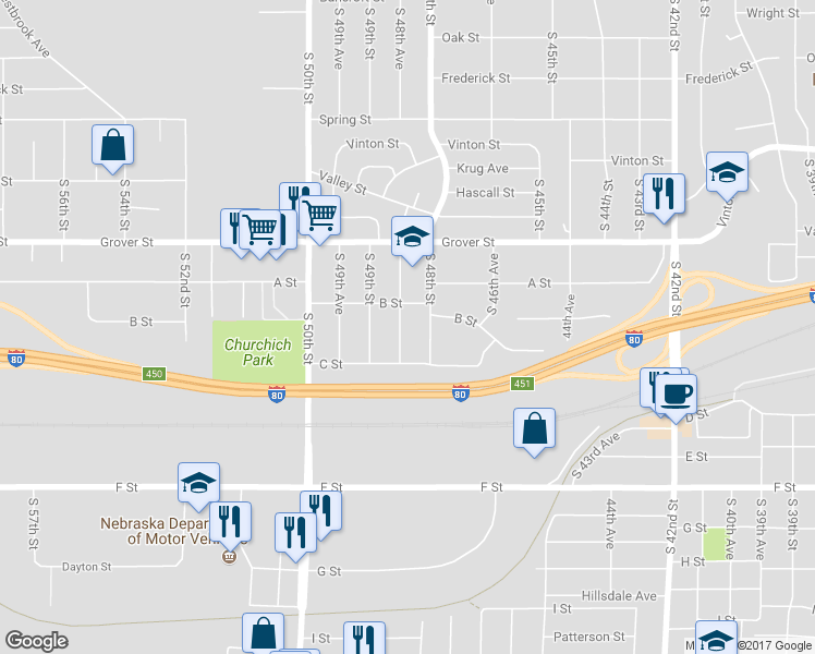 map of restaurants, bars, coffee shops, grocery stores, and more near 3719 South 48th Avenue in Omaha