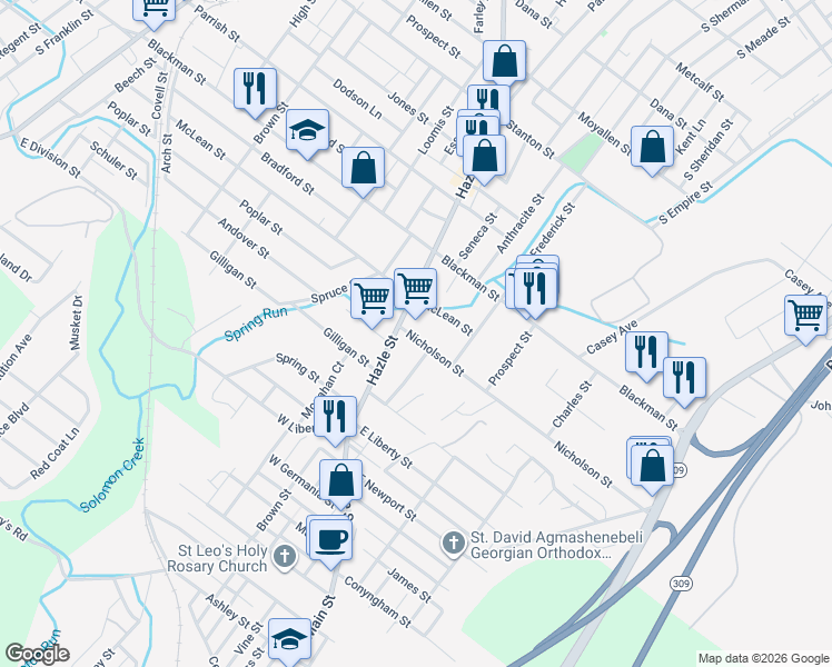 map of restaurants, bars, coffee shops, grocery stores, and more near 28 Nicholson St in Wilkes-Barre