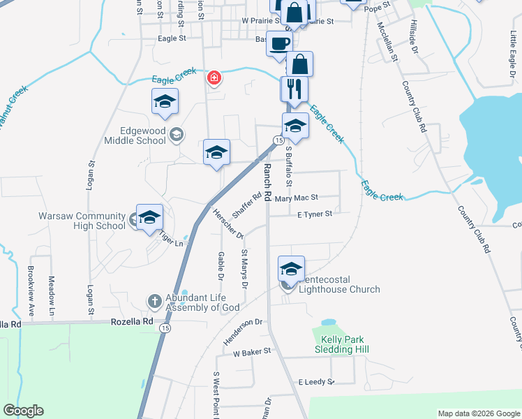 map of restaurants, bars, coffee shops, grocery stores, and more near 1204 Ranch Road in Warsaw