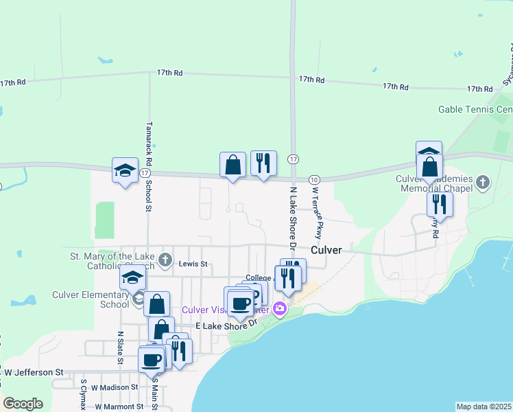 map of restaurants, bars, coffee shops, grocery stores, and more near 18551 Indiana 10 in Culver