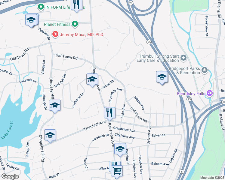 map of restaurants, bars, coffee shops, grocery stores, and more near 135 Brookside Avenue in Bridgeport