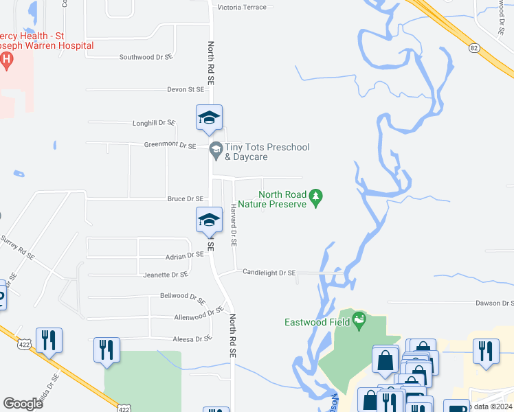 map of restaurants, bars, coffee shops, grocery stores, and more near 4350 Berkshire Drive Southeast in Warren