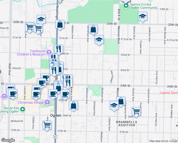 map of restaurants, bars, coffee shops, grocery stores, and more near in Ogden