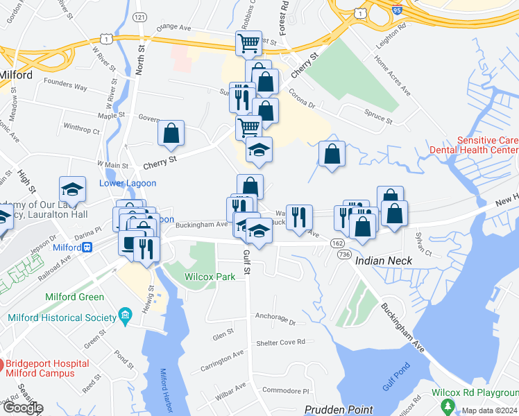 map of restaurants, bars, coffee shops, grocery stores, and more near 108 Gulf Street in Milford