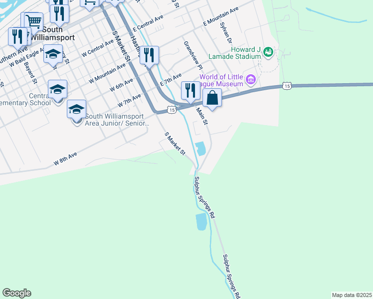 map of restaurants, bars, coffee shops, grocery stores, and more near South Market Street in South Williamsport
