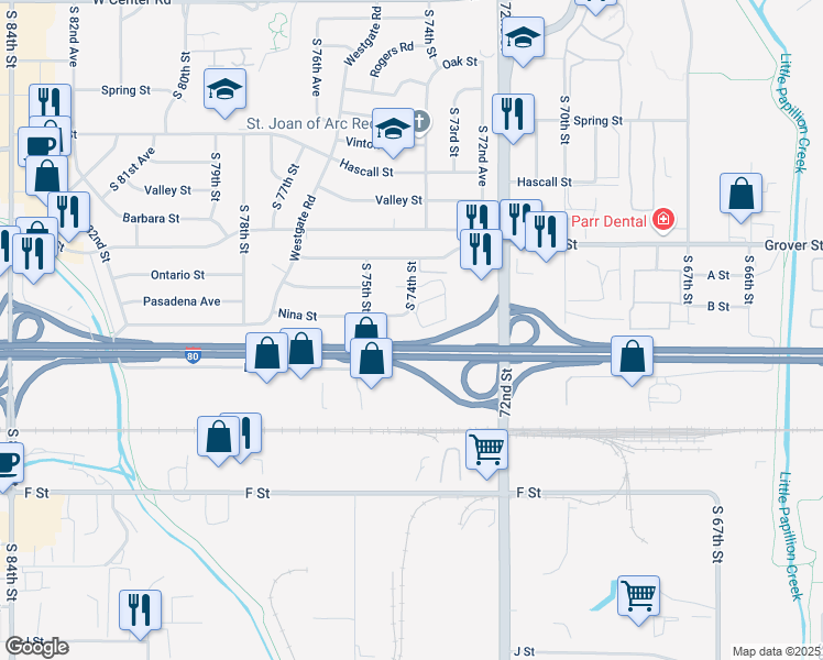 map of restaurants, bars, coffee shops, grocery stores, and more near 3725 S 74th St in Omaha