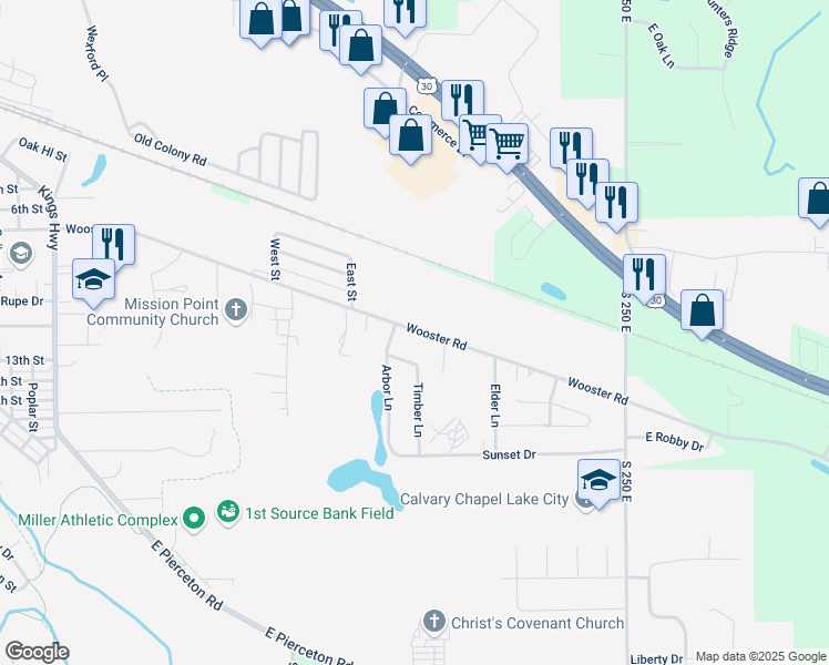 map of restaurants, bars, coffee shops, grocery stores, and more near 1308 Wooster Road in Winona Lake