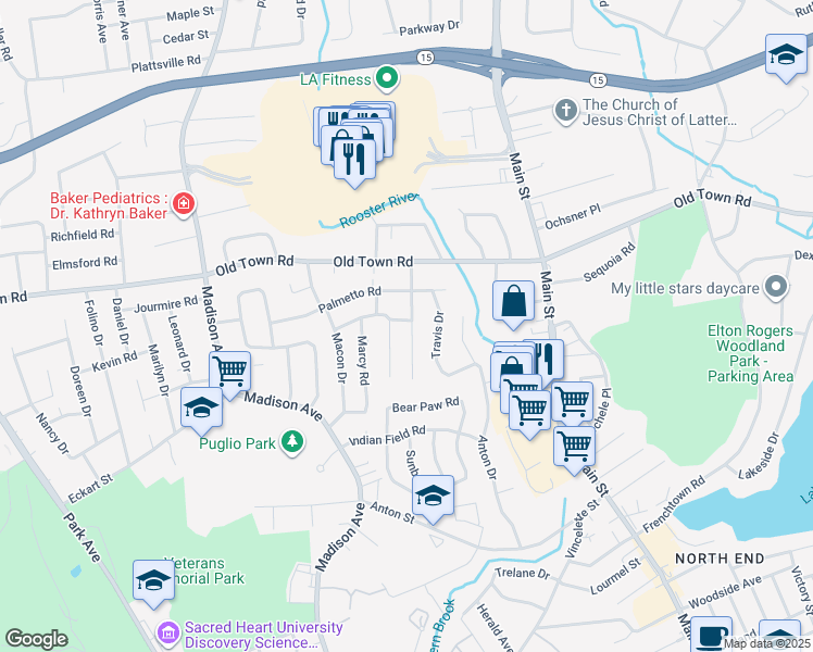 map of restaurants, bars, coffee shops, grocery stores, and more near 121 Acton Road in Bridgeport