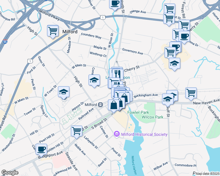 map of restaurants, bars, coffee shops, grocery stores, and more near 14 West River Street in Milford