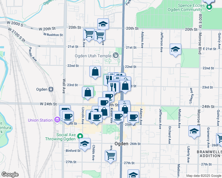 map of restaurants, bars, coffee shops, grocery stores, and more near 2347 Kiesel Avenue in Ogden