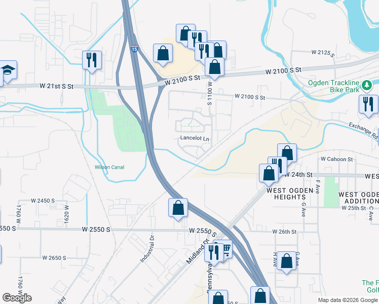 map of restaurants, bars, coffee shops, grocery stores, and more near 2381 South Knights Way in Ogden
