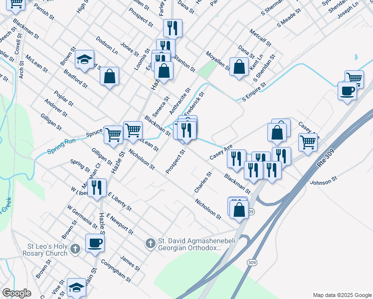 map of restaurants, bars, coffee shops, grocery stores, and more near 15 Prospect Street in Wilkes-Barre Township