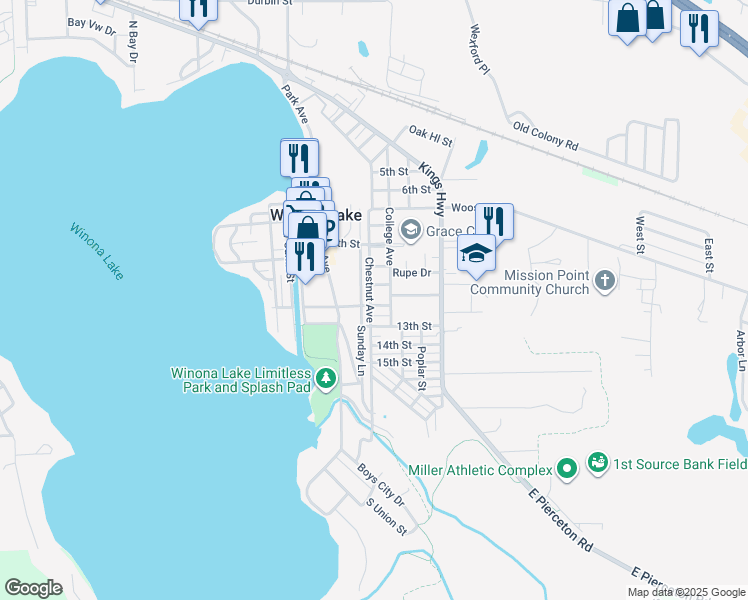 map of restaurants, bars, coffee shops, grocery stores, and more near 101 East 12th Street in Winona Lake