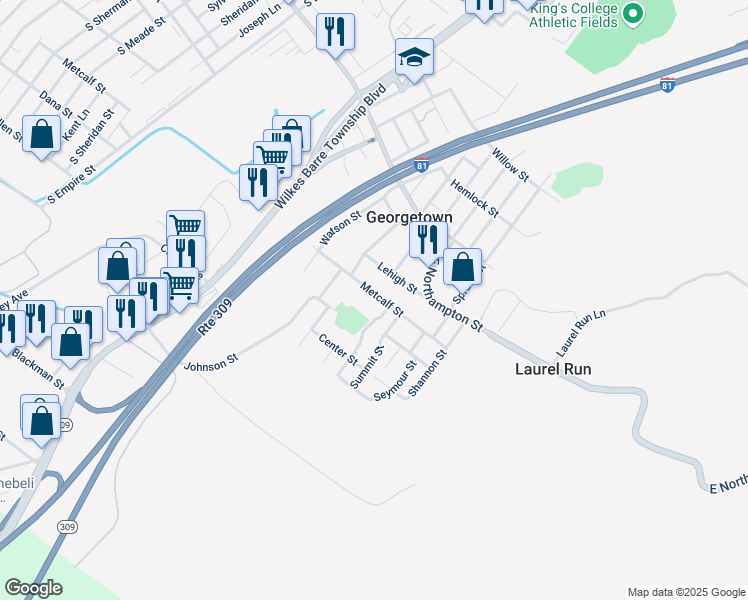map of restaurants, bars, coffee shops, grocery stores, and more near 759 Metcalf Street in Georgetown