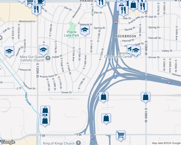 map of restaurants, bars, coffee shops, grocery stores, and more near 3421 South 114th Street in Omaha