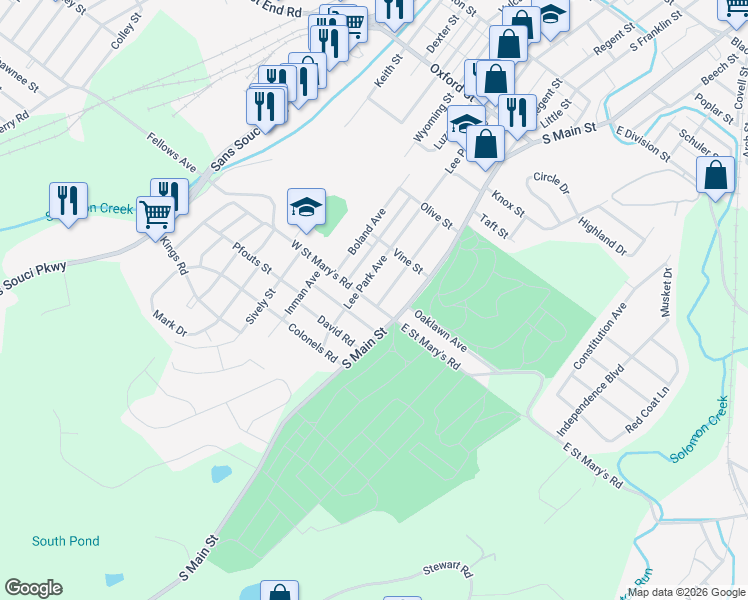 map of restaurants, bars, coffee shops, grocery stores, and more near 80 Graham Avenue in Wilkes-Barre