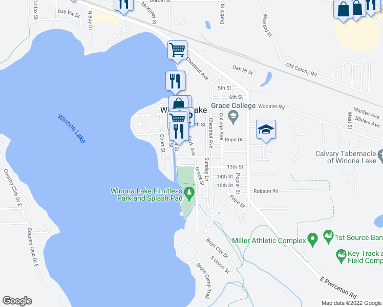 map of restaurants, bars, coffee shops, grocery stores, and more near 1112 Park Avenue in Winona Lake